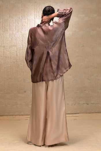 Shop_Eeda_Brown Silk, Tissue, Shantoon Embroidery Collared Striped Shirt _at_Aza_Fashions