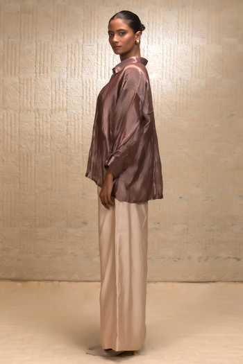 Buy_Eeda_Brown Silk, Tissue, Shantoon Embroidery Collared Striped Shirt _Online_at_Aza_Fashions