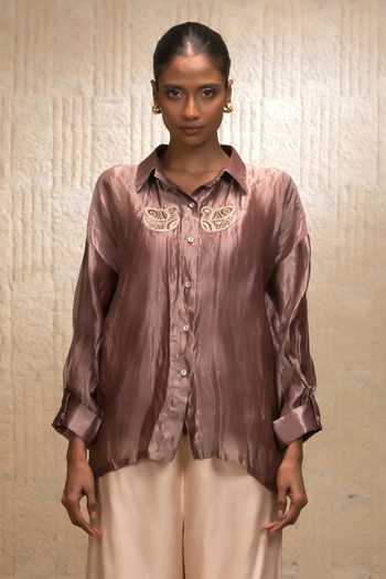 Shop_Eeda_Brown Silk, Tissue, Shantoon Embroidery Collared Striped Shirt _Online_at_Aza_Fashions