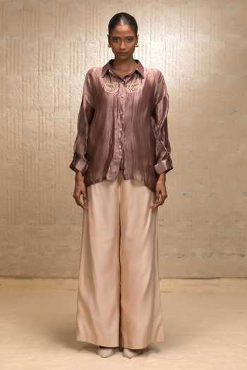 Eeda_Brown Silk, Tissue, Shantoon Embroidery Collared Striped Shirt _at_Aza_Fashions