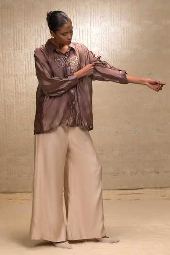 Buy_Eeda_Brown Silk, Tissue, Shantoon Embroidery Collared Striped Shirt 