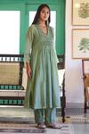 Shop_Trendy Tokari_Green Silk, Chanderi, Cotton Embroidery Hand Kurta Set _Online_at_Aza_Fashions