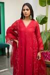 Shop_Trendy Tokari_Red Silk, Chanderi, Cotton, Organza Embroidery Kurta Pant Set _Online_at_Aza_Fashions