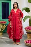 Buy_Trendy Tokari_Red Silk, Chanderi, Cotton, Organza Embroidery Kurta Pant Set _at_Aza_Fashions