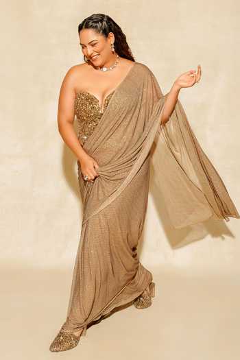 Shop_Itrh_Gold Net Stones, Crystals Scarab Embellished Pre-stitched Saree With Blouse _Online_at_Aza_Fashions
