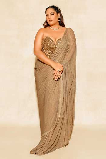 Itrh_Gold Net Stones, Crystals Scarab Embellished Pre-stitched Saree With Blouse _at_Aza_Fashions