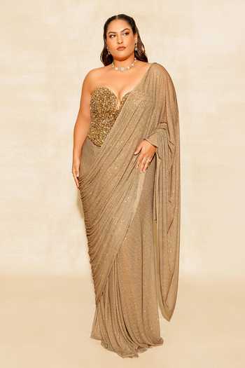 Buy_Itrh_Gold Net Stones, Crystals Scarab Embellished Pre-stitched Saree With Blouse _at_Aza_Fashions