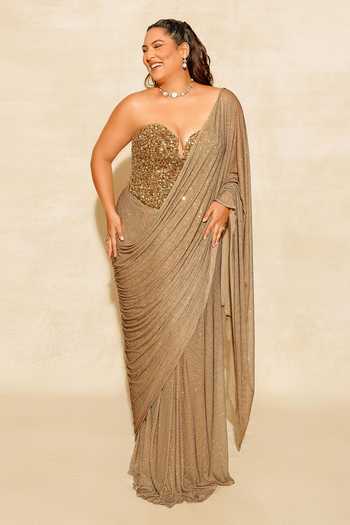 Shop_Itrh_Gold Net Stones, Crystals Scarab Embellished Pre-stitched Saree With Blouse _at_Aza_Fashions