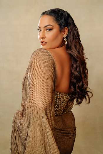 Itrh_Gold Net Stones, Crystals Scarab Embellished Pre-stitched Saree With Blouse _Online