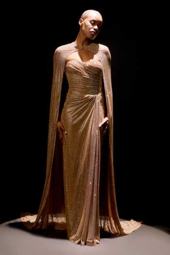 Itrh_Beige Net Crystals Sweetheart Neck, High Valora Draped Corset Gown With Cape _Online_at_Aza_Fashions