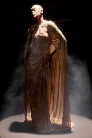 Buy_Itrh_Beige Net Crystals Sweetheart Neck, High Valora Draped Corset Gown With Cape _at_Aza_Fashions