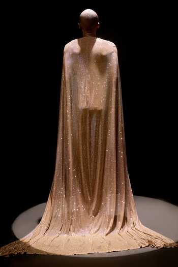 Shop_Itrh_Beige Net Crystals Sweetheart Neck, High Valora Draped Corset Gown With Cape _at_Aza_Fashions