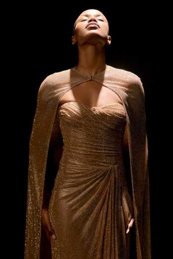Itrh_Beige Net Crystals Sweetheart Neck, High Valora Draped Corset Gown With Cape _at_Aza_Fashions