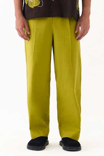 Buy_Three_Green Cotton Handwoven Front Pleat Pant 