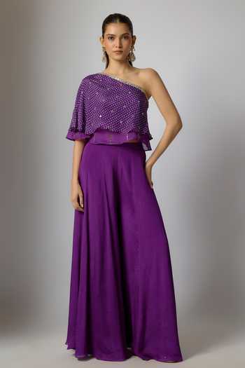 Buy_Krishna Padia_Purple Chinon Embroidery, Zari One Shoulder Bandhej Print Top And Palazzo Set _at_Aza_Fashions