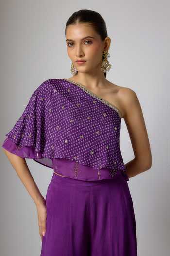 Krishna Padia_Purple Chinon Embroidery, Zari One Shoulder Bandhej Print Top And Palazzo Set _Online_at_Aza_Fashions