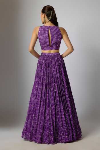 Shop_Krishna Padia_Purple Chinon Mirrors, Embroidery, Zari Round Neck Bandhej Print Lehenga Set _at_Aza_Fashions
