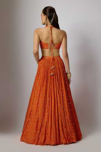 Shop_Krishna Padia_Orange Chinon Embroidery, Zari Sweetheart Neck, Halter Bandhej Print Lehenga Set _at_Aza_Fashions