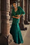 Buy_Jayanti Reddy_Green Net Embroidery, Beads Eemeralda Embellished Cape Lehenga Set _at_Aza_Fashions