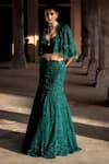 Shop_Jayanti Reddy_Green Net Embroidery, Beads Eemeralda Embellished Cape Lehenga Set _at_Aza_Fashions