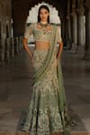 Buy_Jayanti Reddy_Green Net Beads, Pearls Thread And Embroidered Fishcut Lehenga Set _at_Aza_Fashions