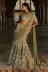 Shop_Jayanti Reddy_Green Net Beads, Pearls Thread And Embroidered Fishcut Lehenga Set _at_Aza_Fashions
