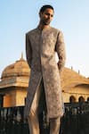 Shop_Jayanti Reddy_Beige Silk Ash Dori Embroidered Sherwani Set _at_Aza_Fashions