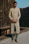 Buy_Jayanti Reddy_Beige Silk Zari, Stones Arden Zardozi Raw Sherwani And Churidar Set _at_Aza_Fashions