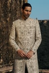 Shop_Jayanti Reddy_Beige Silk Zari, Stones Arden Zardozi Raw Sherwani And Churidar Set _at_Aza_Fashions