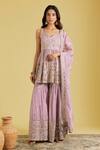 Buy_Meenagurnam_Lilac Tissue Zari, Mirrors Flower Jaal Work Peplum Kurta Gharara Set _at_Aza_Fashions
