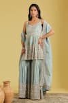 Buy_Meenagurnam_Blue Tissue Zari, Mirrors Flower Jaal Work Peplum Kurta Gharara Set _at_Aza_Fashions