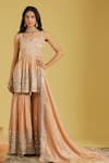 Buy_Meenagurnam_Peach Tissue Embroidery, Zari, Mirrors Flower Jaal Peplum Kurta And Gharara Set _at_Aza_Fashions