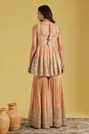 Shop_Meenagurnam_Peach Tissue Embroidery, Zari, Mirrors Flower Jaal Peplum Kurta And Gharara Set _at_Aza_Fashions