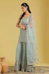 Meenagurnam_Green Net, Georgette Embroidery, Sequins, Beads Flower Jaal Kurta Sharara Set _Online_at_Aza_Fashions