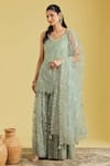 Buy_Meenagurnam_Green Tissue Embroidery, Sequins, Cut Work Floral Jaal Resham Kurta Gharara Set _at_Aza_Fashions