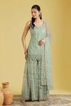 Meenagurnam_Green Tissue Embroidery, Sequins, Cut Work Floral Jaal Resham Kurta Gharara Set _Online_at_Aza_Fashions