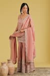 Meenagurnam_Peach Tissue Sequins, Beads, Pearls Embellished Straight Kurta Gharara Set _Online_at_Aza_Fashions