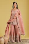 Buy_Meenagurnam_Peach Tissue Sequins, Beads, Pearls Embellished Straight Kurta Gharara Set _at_Aza_Fashions