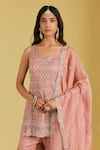 Buy_Meenagurnam_Peach Tissue Sequins, Beads, Pearls Embellished Straight Kurta Gharara Set _Online_at_Aza_Fashions