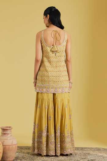 Shop_Meenagurnam_Mustard Tissue Sequins, Beads, Pearls Floral Embellished Kurta Gharara Set _at_Aza_Fashions