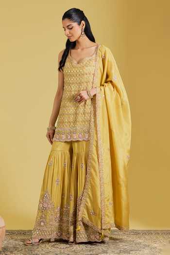 Buy_Meenagurnam_Mustard Tissue Sequins, Beads, Pearls Floral Embellished Kurta Gharara Set _at_Aza_Fashions