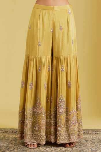 Buy_Meenagurnam_Mustard Tissue Sequins, Beads, Pearls Floral Embellished Kurta Gharara Set _Online_at_Aza_Fashions