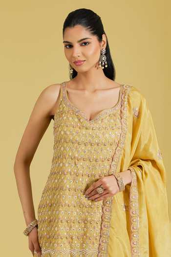 Shop_Meenagurnam_Mustard Tissue Sequins, Beads, Pearls Floral Embellished Kurta Gharara Set _Online_at_Aza_Fashions