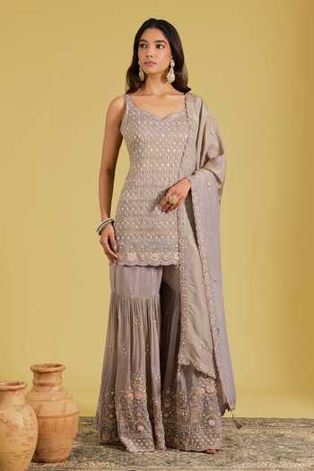 Buy_Meenagurnam_Grey Tissue Embroidery, Sequins, Beads, Pearls Embellished Kurta Gharara Set _at_Aza_Fashions