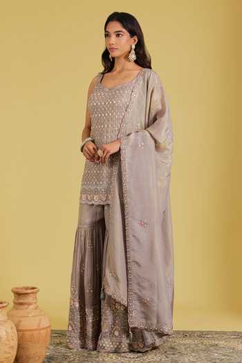 Meenagurnam_Grey Tissue Embroidery, Sequins, Beads, Pearls Embellished Kurta Gharara Set _Online_at_Aza_Fashions
