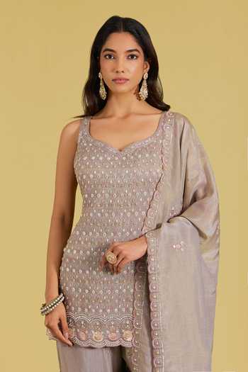 Buy_Meenagurnam_Grey Tissue Embroidery, Sequins, Beads, Pearls Embellished Kurta Gharara Set _Online_at_Aza_Fashions