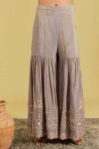 Shop_Meenagurnam_Grey Tissue Embroidery, Sequins, Beads, Pearls Embellished Kurta Gharara Set _Online_at_Aza_Fashions