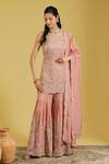 Buy_Meenagurnam_Peach Tissue Sequins, Pearls Jaal Embroidered Kurta Gharara Set _at_Aza_Fashions