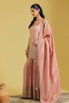 Meenagurnam_Peach Tissue Embroidery, Sequins, Beads, Zari Patra Kurta And Gharara Set _Online_at_Aza_Fashions