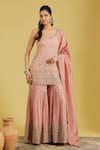 Buy_Meenagurnam_Peach Tissue Embroidery, Sequins, Beads, Zari Patra Kurta And Gharara Set _at_Aza_Fashions